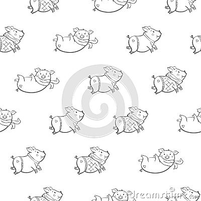 Seamless pattern with lovely cute cheerful piggies. Winter backgSeamless pattern with lovely cute cheerful piggies. Winter backgro Vector Illustration