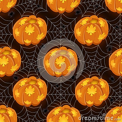 Seamless pattern with luminous pumpkin and cobwebs Vector Illustration