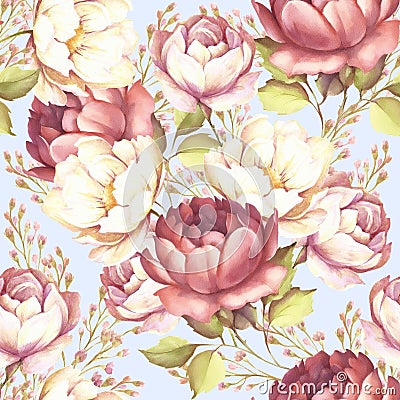 Seamless pattern with lush roses. Hand draw watercolor illustration. Cartoon Illustration