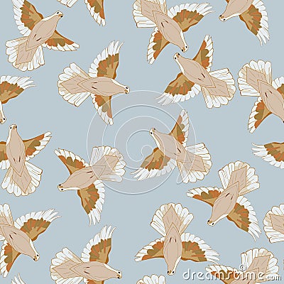 Seamless pattern made with flying pigeons. White, beige pigeons in motion - fly. Vector Illustration