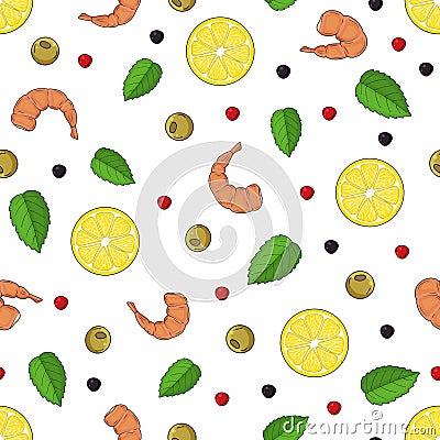 Seamless pattern made from hand drawn lemons, shrimps, pepper. White background. For packaging, advertisements, menu for cafe and Vector Illustration