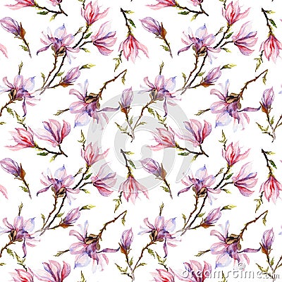 Seamless pattern made of pink magnolia flowers on a branch on white background. Watercolor painting. Hand painted. Stock Photo