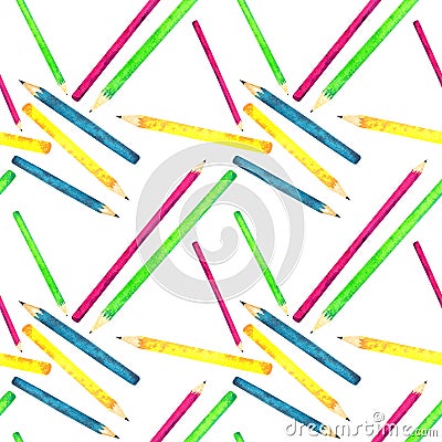 Seamless pattern made of watercolor painted school accessories on white background. Stock Photo