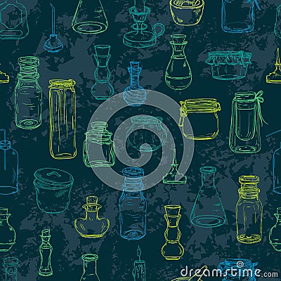 Seamless pattern with magic bottles. Empty alchemy jars for potions. Vector Illustration