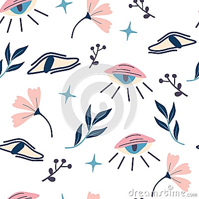 Seamless pattern with magic eyes and flowers. Evil eyes background. Magic, witchcraft, occult symbol, Halloween decor. For Fabric Vector Illustration