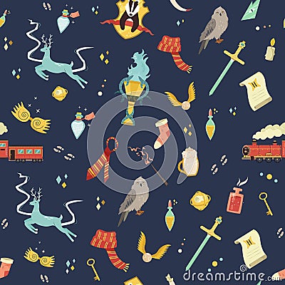 Seamless pattern with magic items and tools Vector Illustration