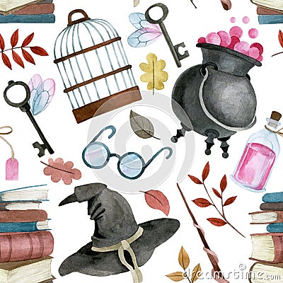 seamless pattern with magic items. witchcraft, school of wizards. Stock Photo