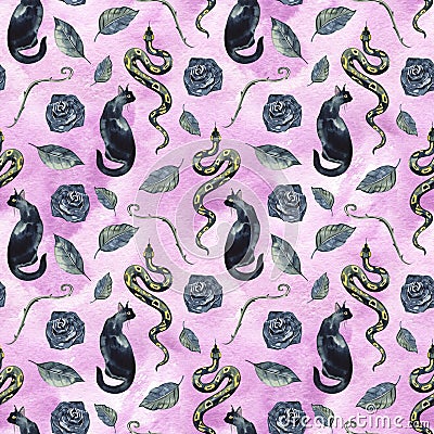 Seamless pattern with magic things. Witch`s background. Halloween mistical design. Stock Photo