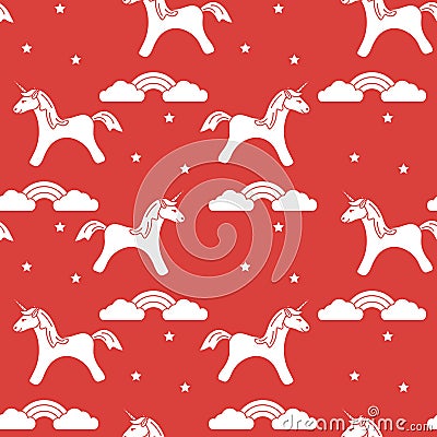 Seamless pattern with magic unicorn and stars, clouds, rainbow. Design for children graphic, t-shirt, cover, gift card Vector Illustration