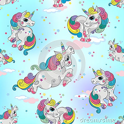 Seamless pattern with magic unicorns. Blue sky background with stars. For boys. Vector Stock Photo