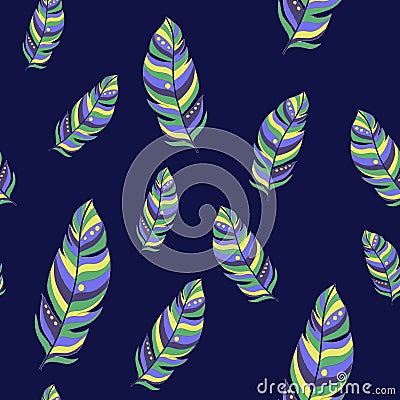 Seamless pattern of magical beautiful bird feathers on blue background. hand-drawn. Fashion pattern for clothes, T-shirt design Cartoon Illustration