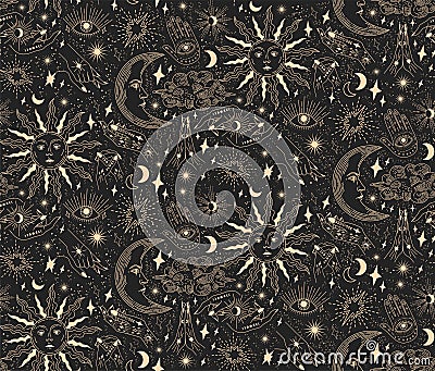 Seamless pattern with magical elements. Set of linear vector illustrations. Vector Illustration