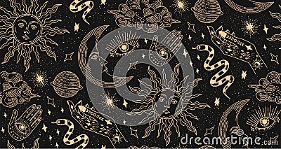 Seamless pattern with magical elements. Set of linear vector illustrations. Vector Illustration