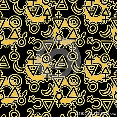 Seamless pattern with magical esoteric, runic symbols and steampunk elements . Mechanisms and Sacred geometry. Occult ancient Stock Photo