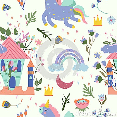 Seamless pattern with magical Unicorn, colorful flowers and leaves around, princess castle. Cute pattern with Unicorn Vector Illustration
