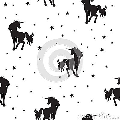 Seamless pattern magical unicorn and stars on white background, vector illustration Cartoon Illustration