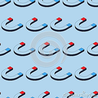 Seamless pattern of the magnet. Isometric blue 3d vector illustration Vector Illustration