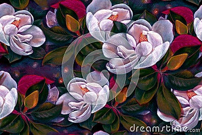 Seamless pattern. Magnolia. Drawing pastel. Flowers on the tree. Wallpaper. Tulip tree. Stock Photo