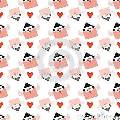 Seamless pattern with mails in an envelope with angel wings and red heart shape Stock Photo