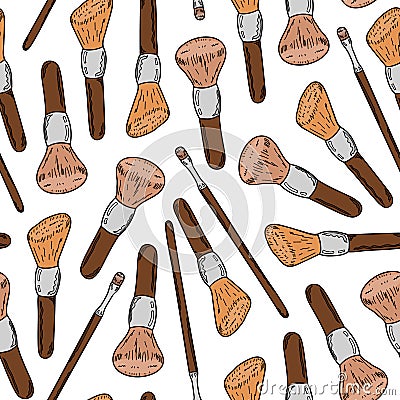 Seamless pattern for make-up brush. White background. Hand drawing. Vector illustration. Cartoon style. Vector Illustration