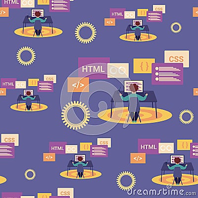 Seamless Pattern with Man Programmer Designer Vector Illustration