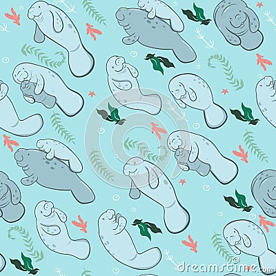 Seamless pattern with manatees and algae. Vector graphics Stock Photo