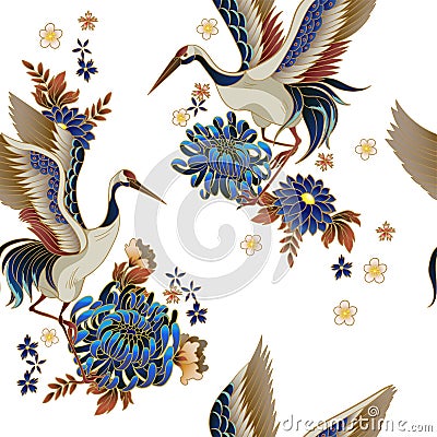 Seamless pattern with mandarin ducks, flowers and cranes. Vector. Vector Illustration