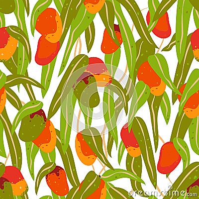 Seamless pattern of mango fruits and leaves Vector Illustration