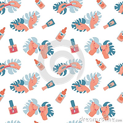 Seamless pattern with manicure tools hands and monstera leaves Flat vector illustration Vector Illustration