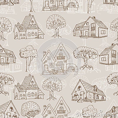 Seamless pattern with many houses and trees. Hand drawing Cartoon Illustration