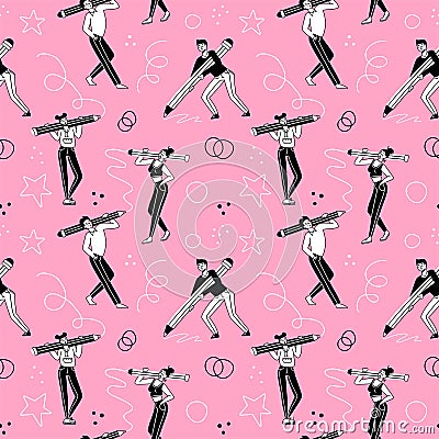 Seamless pattern with Many young people with a large pencils. Doodle style person holding pencil. Linear Hand drawn Vector Illustration