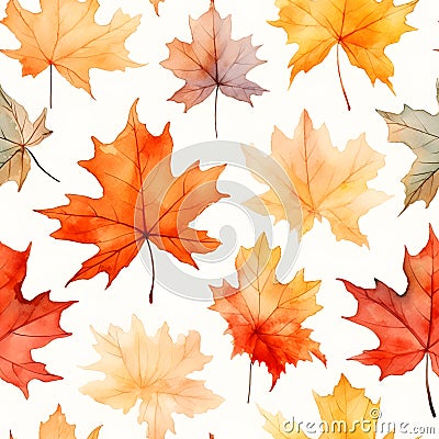 Seamless pattern of maple leaf in autumn season. Watercolor illustration background, Generative AI Cartoon Illustration