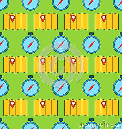 Seamless Pattern with Maps and Compass Vector Illustration