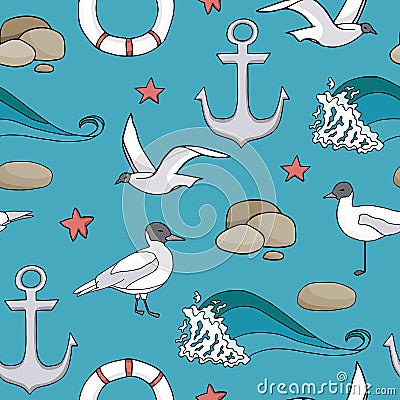 Seamless pattern with marine elements. Cartoon anchor, lifebuoy, seagull, starfish, stones and wave on blue water Vector Illustration
