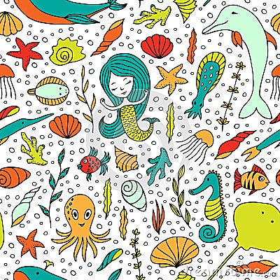 Seamless pattern marine life. Vector Illustration