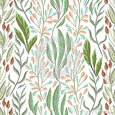 Seamless pattern with marine plants, leaves and seaweed. Hand drawn marine flora in watercolor style. Vector Illustration