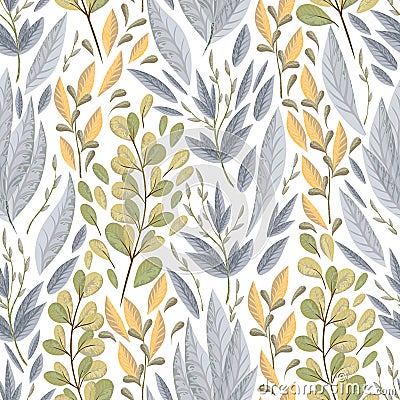 Seamless pattern with marine plants, leaves and seaweed. Hand drawn marine flora in watercolor style. Vector Illustration