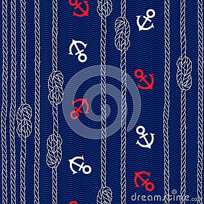 Seamless pattern with marine rope, knots and anchors on blue background. Cartoon Illustration