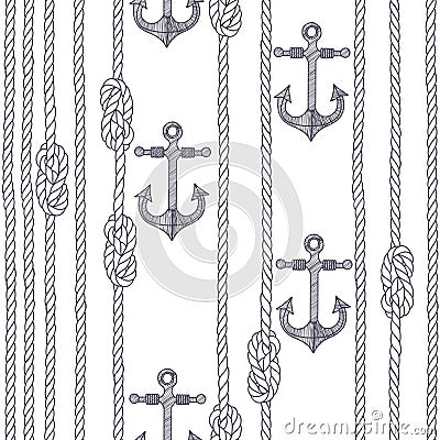 Seamless pattern with marine rope, knots and anchors on a white Stock Photo