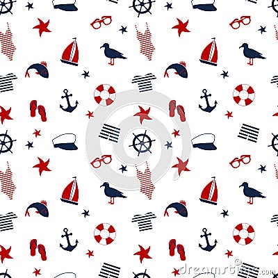 Seamless pattern in a marine style. accessories for a beach holiday. Vector Illustration