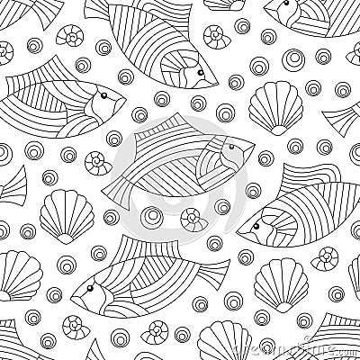 Seamless illustration on a marine theme with fish and shells, dark contour fishes on a white background Vector Illustration