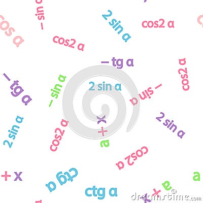 Seamless pattern with mathematical formulas and numbers. Algebra and geometry, calculations tangent, cotangent, sine Vector Illustration