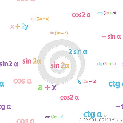 Seamless pattern with mathematical formulas and numbers. Algebra and geometry, calculations tangent, cotangent, sine Vector Illustration