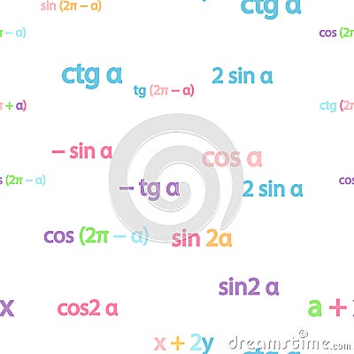 Seamless pattern with mathematical formulas and numbers. Algebra and geometry, calculations tangent, cotangent, sine Stock Photo