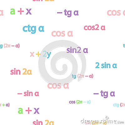 Seamless pattern with mathematical formulas and numbers. Algebra and geometry, calculations tangent, cotangent, sine Vector Illustration