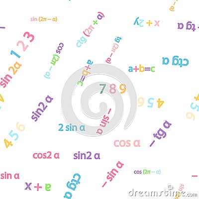 Seamless pattern with mathematical formulas and numbers. Algebra and geometry, calculations tangent, cotangent, sine Vector Illustration