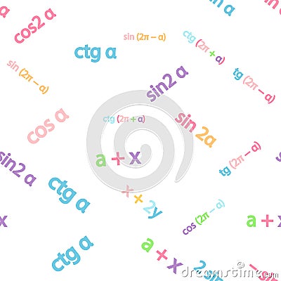 Seamless pattern with mathematical formulas and numbers. Algebra and geometry, calculations tangent, cotangent, sine Vector Illustration