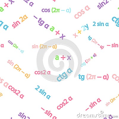 Seamless pattern with mathematical formulas and numbers. Algebra and geometry, calculations tangent, cotangent, sine Stock Photo