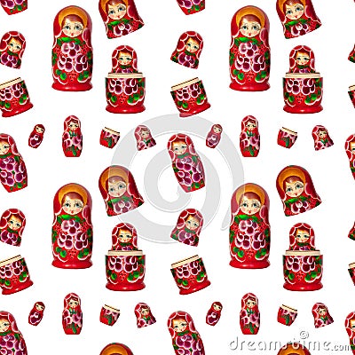 Seamless pattern of matreshka nesting doll on white background isolated, red matrioska ornament wallpaper, beautiful matryoshka Stock Photo