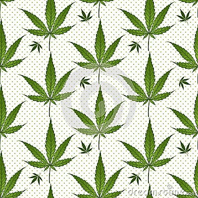 Seamless pattern medical marijuana green leafs over polka dots on white background. Cannabis vector illustration. Vector Illustration